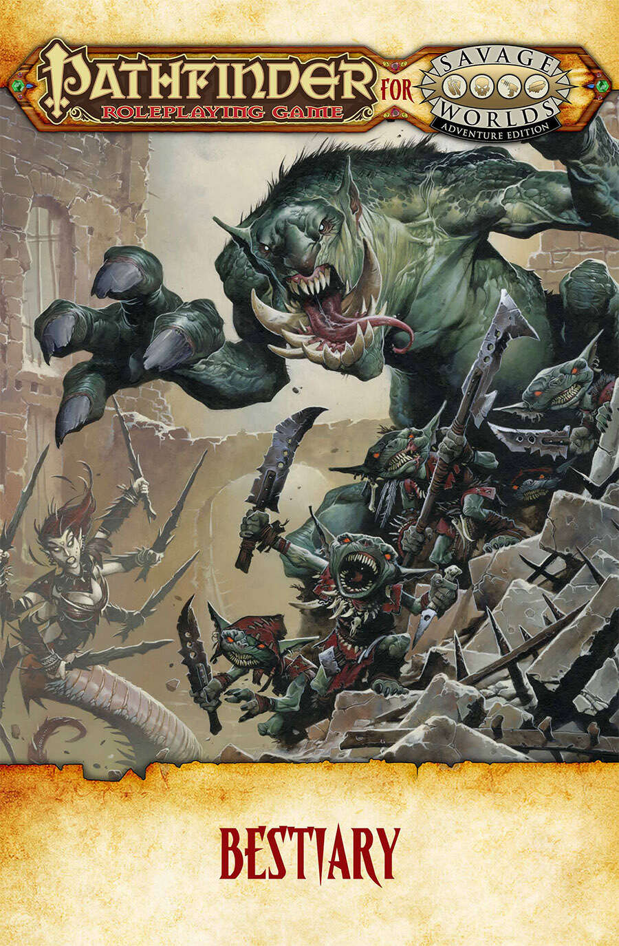 Shane Lacy Hensley, Michael Barbeau, Christopher S Warner, Karl Keesler, Clint Black, Donald Schepis, Jessica Rogers: Pathfinder for Savage Worlds: Bestiary (Hardcover, 2021, Pinnacle Entertainment Group, Paizo Inc)