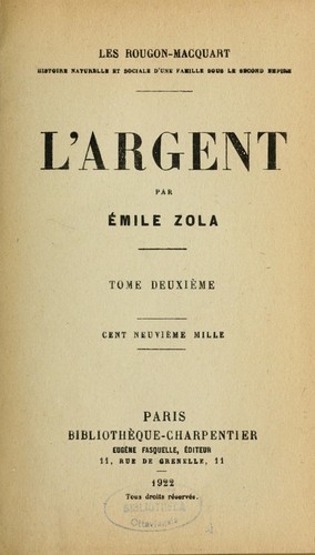 Émile Zola: L'argent (French language, 1891, Bibliothèque-Charpentier)