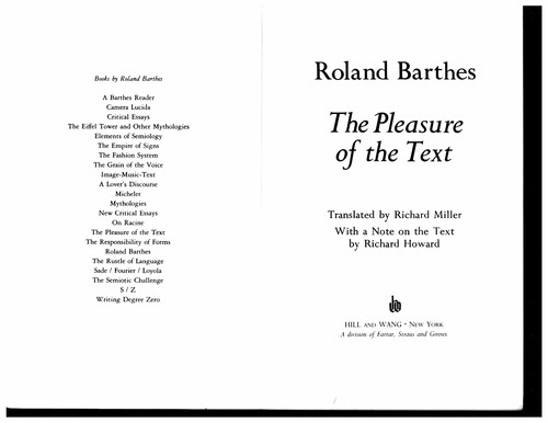 Roland Barthes: The pleasure of the text (1989, Noonday Press, Farrar, Straus and Giroux)
