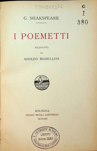 William Shakespeare: Poemetti (Italian language, 1913, Zanichelli)