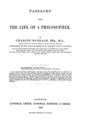 Charles Babbage: Passages from the life of a philosopher