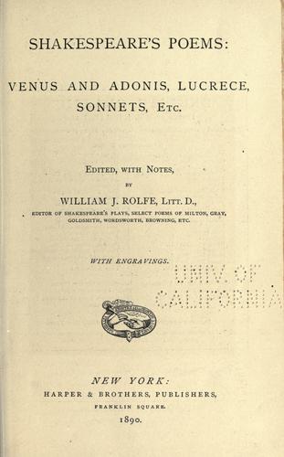 William Shakespeare: Shakespeare's poems (1890, Harper & brothers)