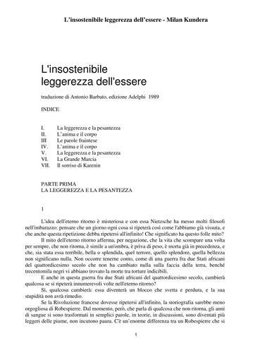 L'insostenibile leggerezza dell'essere (Italian language, 1995, Adelphi)