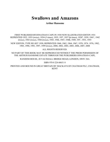 Arthur Ransome: Swallows & Amazons (1958, J. Cape)