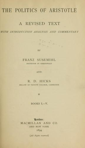 Aristotle: The politics of Aristotle, books 1-5 (Ancient Greek language, 1894, Macmillan)