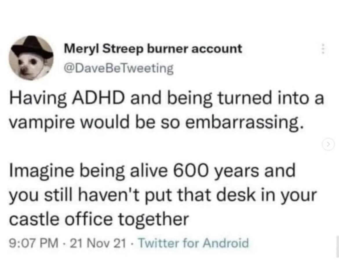 A screenshot of a tweet by @DaveBeTweeting. Their profile pic is of a cute Chihuahua ￼wearing a tiny black sombrero. Their display name is “Meryl Streep burner account.” The tweet is “Having ADHD and being turned into a vampire would be so embarrassing. Imagine being alive for 600 years and you still haven’t put that desk in your castle office together.“