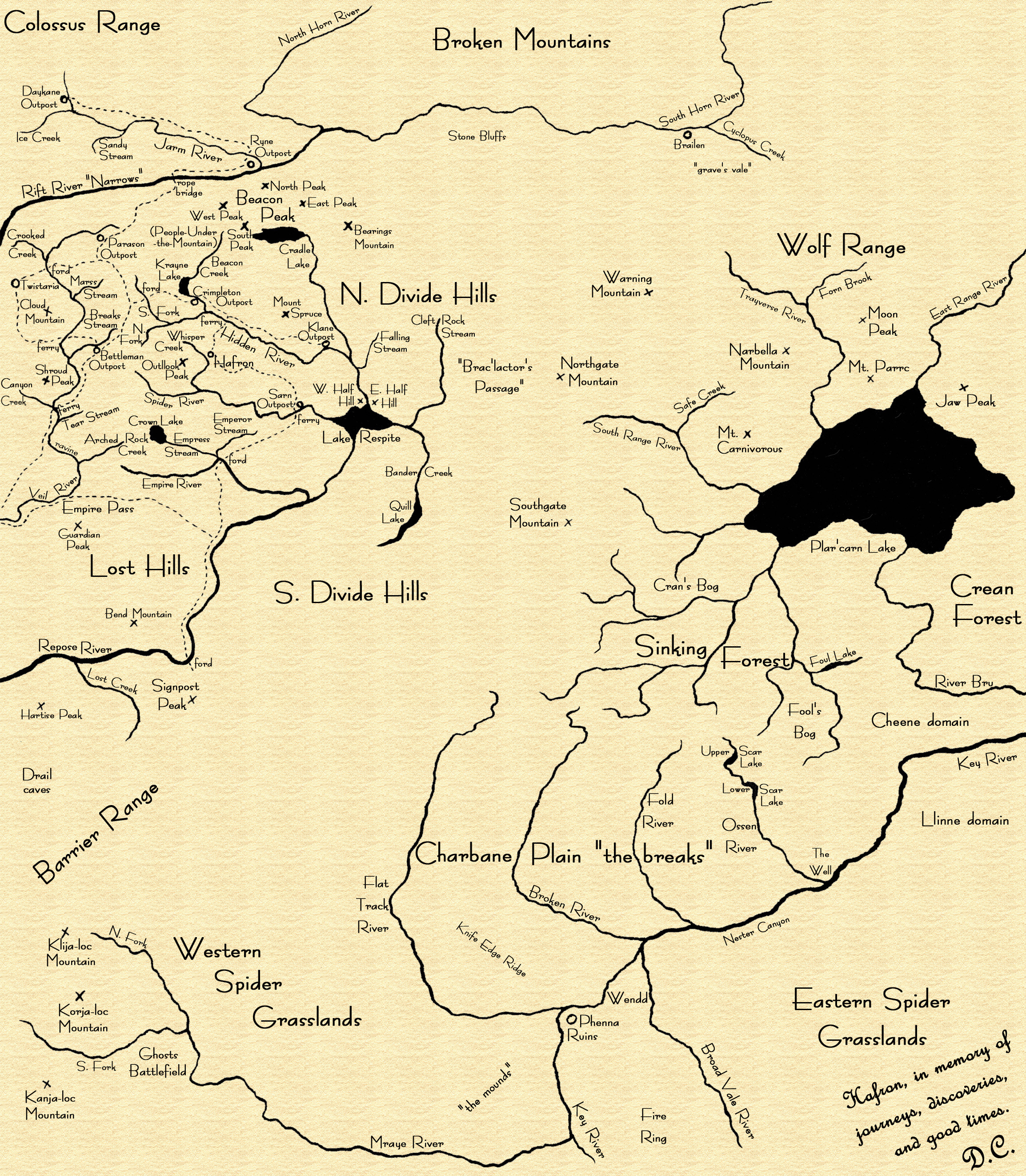 Hand drawn map of the Lost Hills (upper left) and the lands to the east of them. This is mostly to show rivers and lakes, but some ruins are noted.

This map has a brief, but major part in Book 5, but isn't shown. Good thing, since there's an error, though I could fix it easy enough.