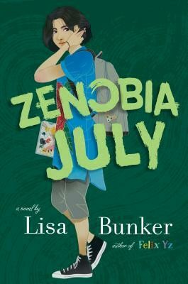 Cover art for Zenobia July, showing a girl who is looking right at us as she tucks some hair behind her ear. She is positioned on a green background.