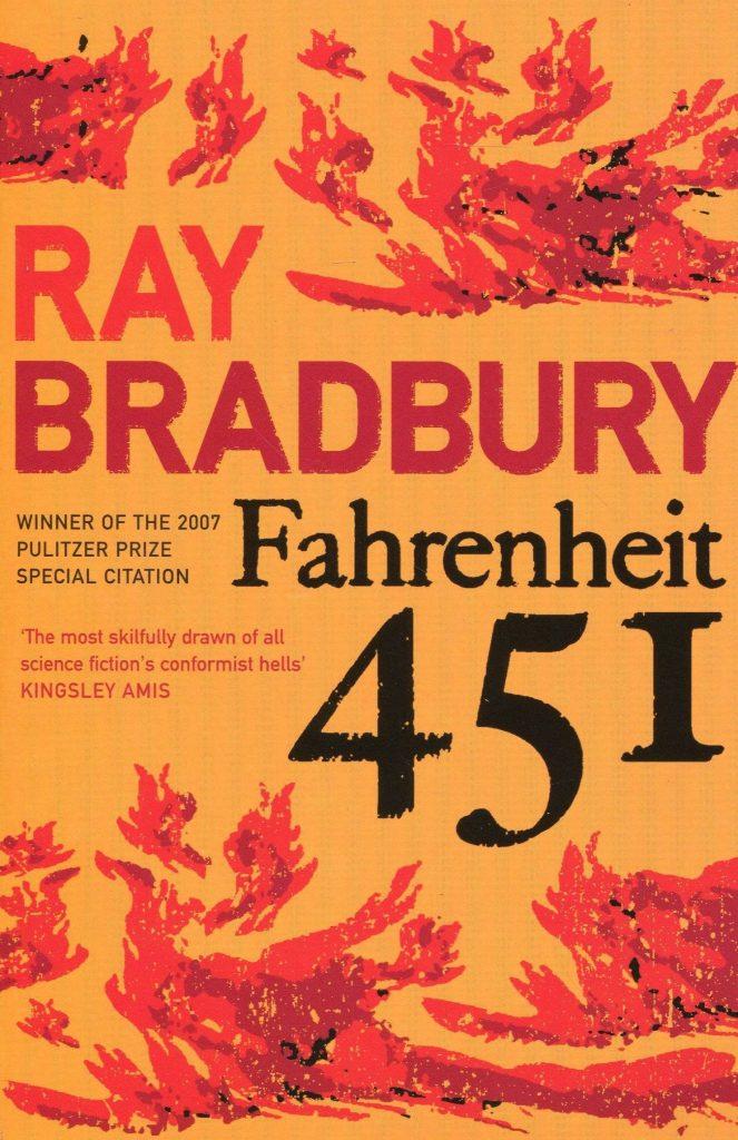 The  cover of the book "Fahrenheit 451" by Ray Bradbury.

The author's name is in a red block capital typeface against a yellow background.
The title is in a black camel case typeface

There are an several red and black depictions of flames 
at various locations the cover.

* Another Duchess of Spring Alt-text production ™