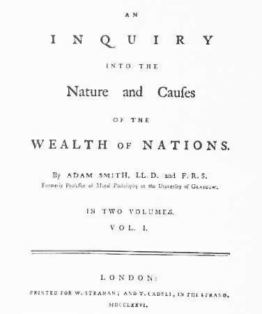 The full title reads:

"An Inquiry into the Nature and Causes of the Wealth of Nations",
by Adam Smith, LL.D. and F.R.S.,
Formerly Professor of Moral Philosophy in the University of Glasgow.

The title is arranged in a centered layout, using a combination of capital and small capital letters, reflecting the typographic conventions of the time. Below the author’s name and credentials, the volume number (as the work was published in two volumes) is indicated.

At the bottom of the page is the publication information, which reads:

"London: Printed for W. Strahan; and T. Cadell in the Strand. MDCCLXXVI."