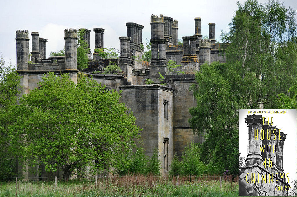 The image shows a distant telephoto view of the ruins of Dunmore Park. They are partly obscured by trees, which are growing to the sides and on top of the ruined house. Large numbers of decorative chimneys and a few narrow turrets project from the upper part of the ruins. The front cover of ‘The House With 46 Chimneys’ is shown in the bottom right corner. 