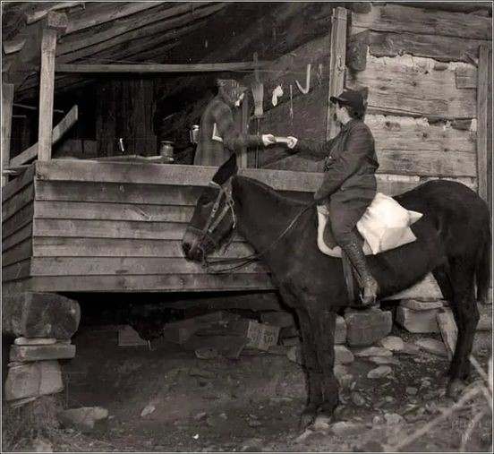 A woman on horseback, saddlebags bulging with books, hands a book to a hooded figure on the porch of a log cabin.