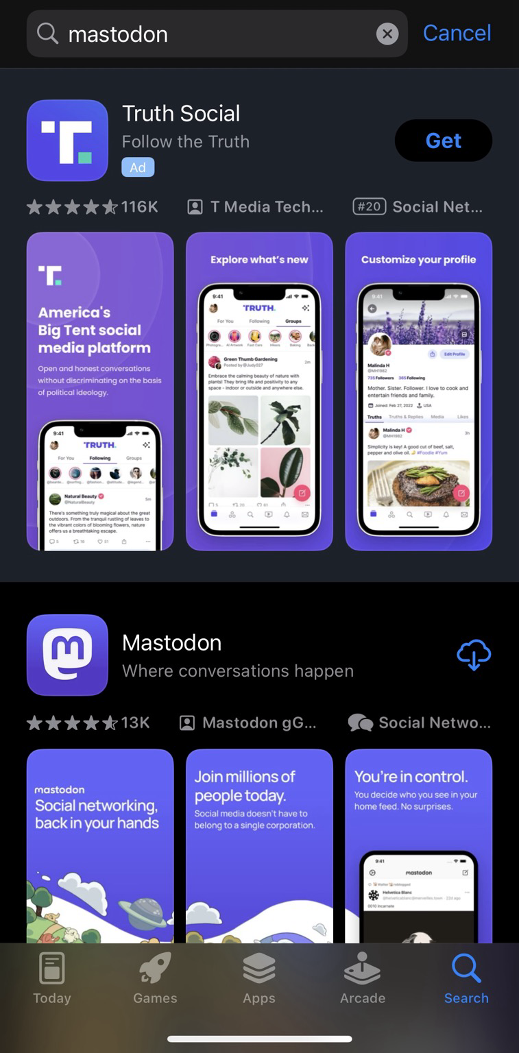 A screenshot of the App Store, searching for “mastodon” and finding Truth Social as the top result