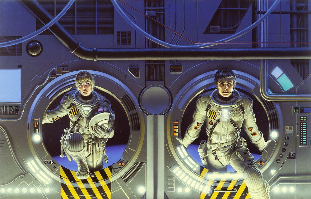 Side by side, two astronauts emerge from portholes with the barest hint of planetscape on the other side. On the left, a female astronaut braces herself with one arm on the bulkhead and a foot poised to step through. In her opposite arm, she holds the helmet of her spacesuit. On the right, a male astronaut steps fully through the porthole gripping the sides with both hands as he boldly emerges.
