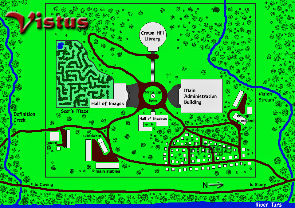 The seer college of Vistus as it was designed. In the present, it's ruins. It's a square campus along the River Tars with various buildings related to learning, along with a village and other support structures.