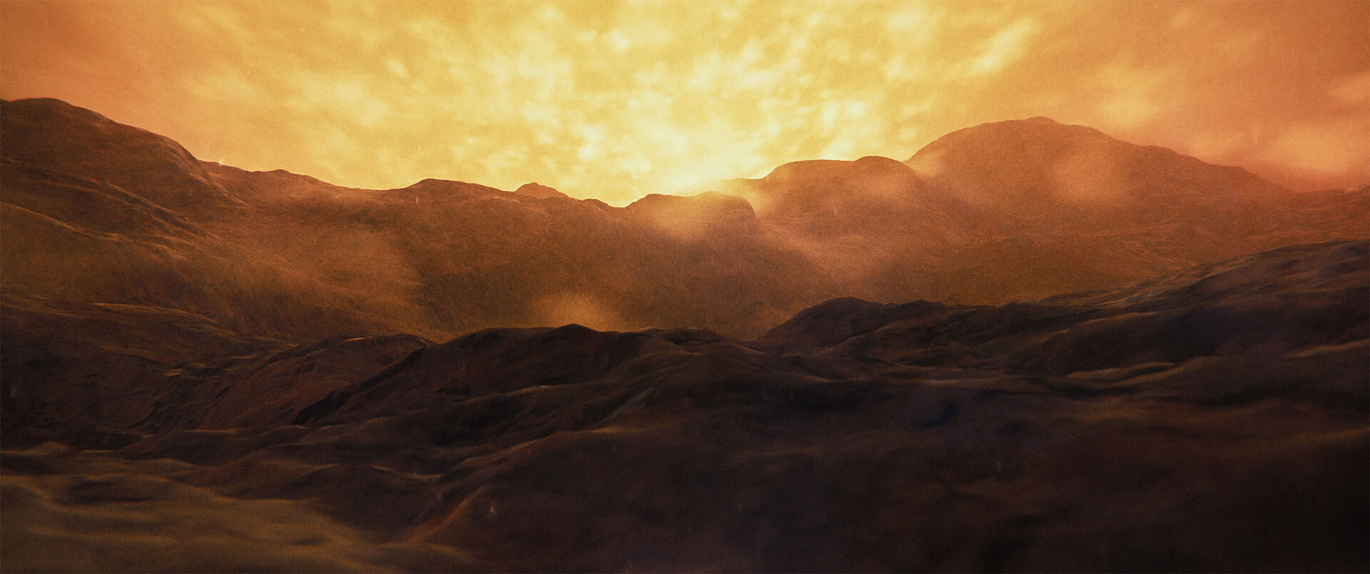 Extreme wide shot, dawn -

The sun begins to rise over a mountain range on the colony world.