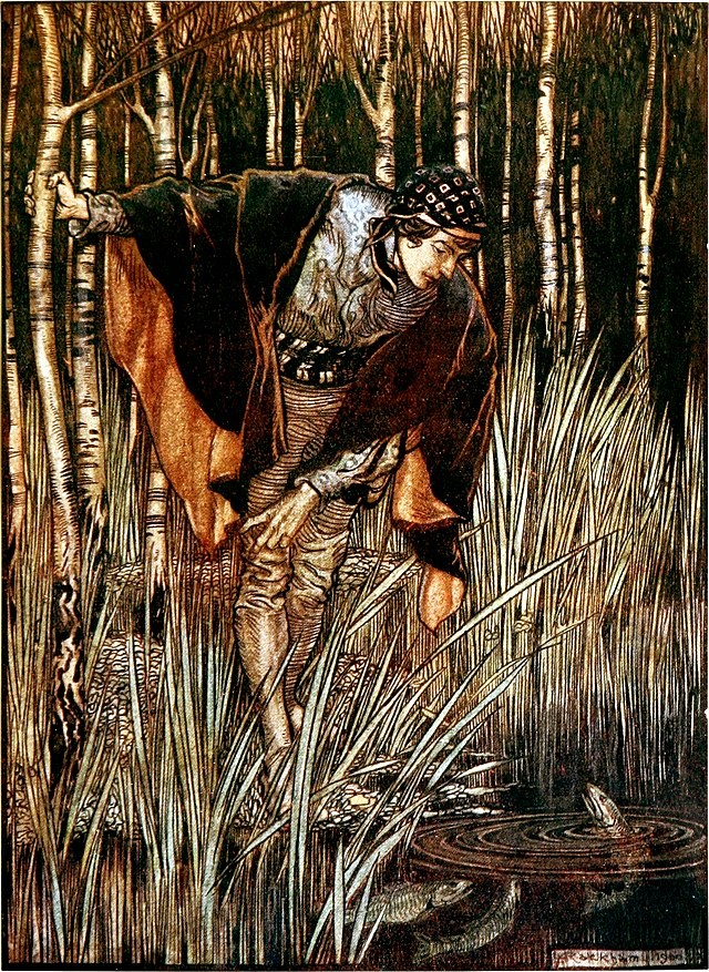 An illustration of a man in fine clothing holding onto a birch tree and leaning down towards a small body of water, from which a fish is poking out. Man and fish appear to be conversing.