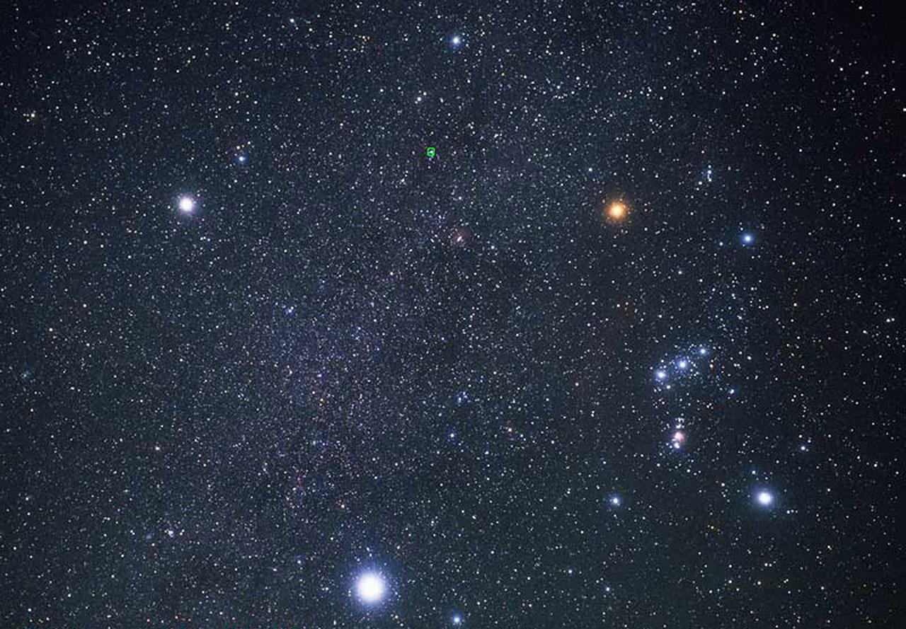 Sirius (bottom) and the constellation Orion (right). The three brightest stars in this image—Sirius, Betelgeuse (top right) and Procyon (top left)—form the Winter Triangle. The bright star at top center is Alhena, which forms a cross-shaped asterism with the Winter Triangle.

Hubble European Space Agency Credit: Akira Fujii - http://www.spacetelescope.org/images/heic0206j/ (watermark was cropped)

M 42, Monoceros, Orion, NGC 1976, Messier 42, Canis Major, Canis Minor, Cone Nebula, NGC 2264