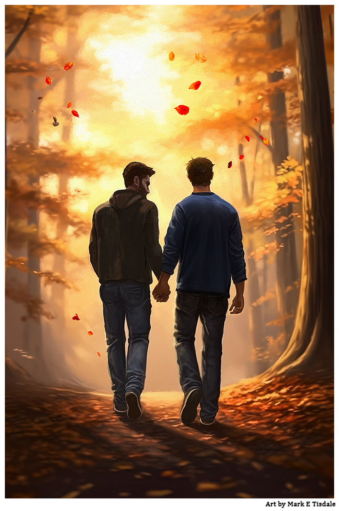 Digital art - Two men walking hand-in-hand on a woodland trail. Seen in silhouette with bright light filtering between the trees and falling autumn leaves. Mostly golden warm in color.