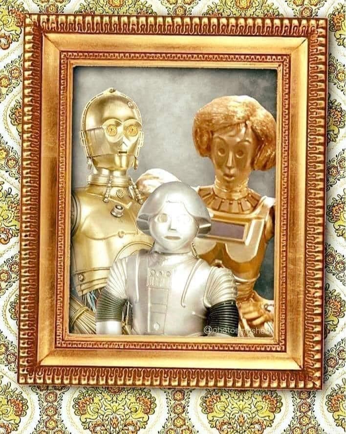 A framed family portrait showing C3PO from Star Wars as the Dad, Dot Matrix from Space Balls as the Mom, and Twiki from the 1970s Buck Rogers show as the child.