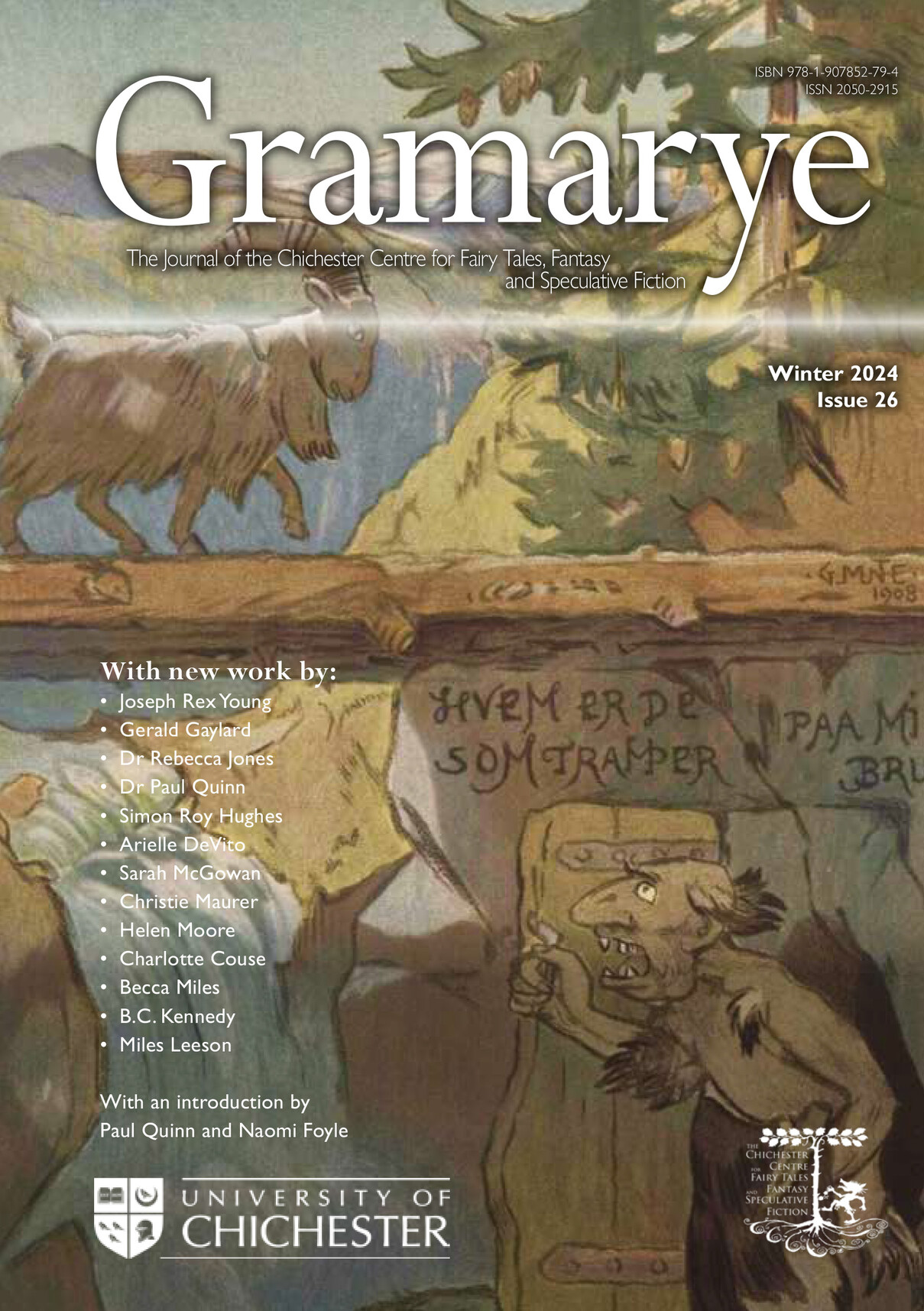 The cover of Gramarye 26, featuring a billy goat traversing a bridge, with a troll standing beneath, looking upwards. The troll evidently has a dwelling under the bridge, for there is a door in the rock.