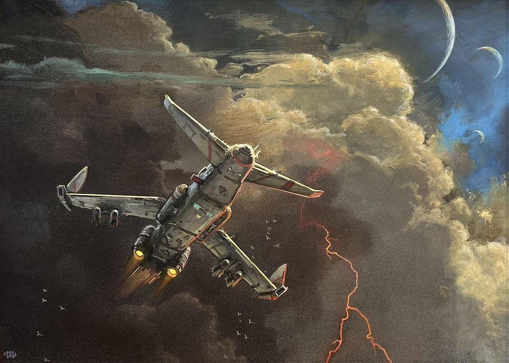 Orange lightning flashes from a bank of clouds as a VTOL bomber breaks through the storm front. We get a view from underneath along the belly to the nose of the craft which has pronounced forewings. The aircraft still carries a payload in a pair of bombs mounted under each of the aft wings which tilt back and end with vertical stabilizers. A flight of white stand in contrast to the dark clouds.
