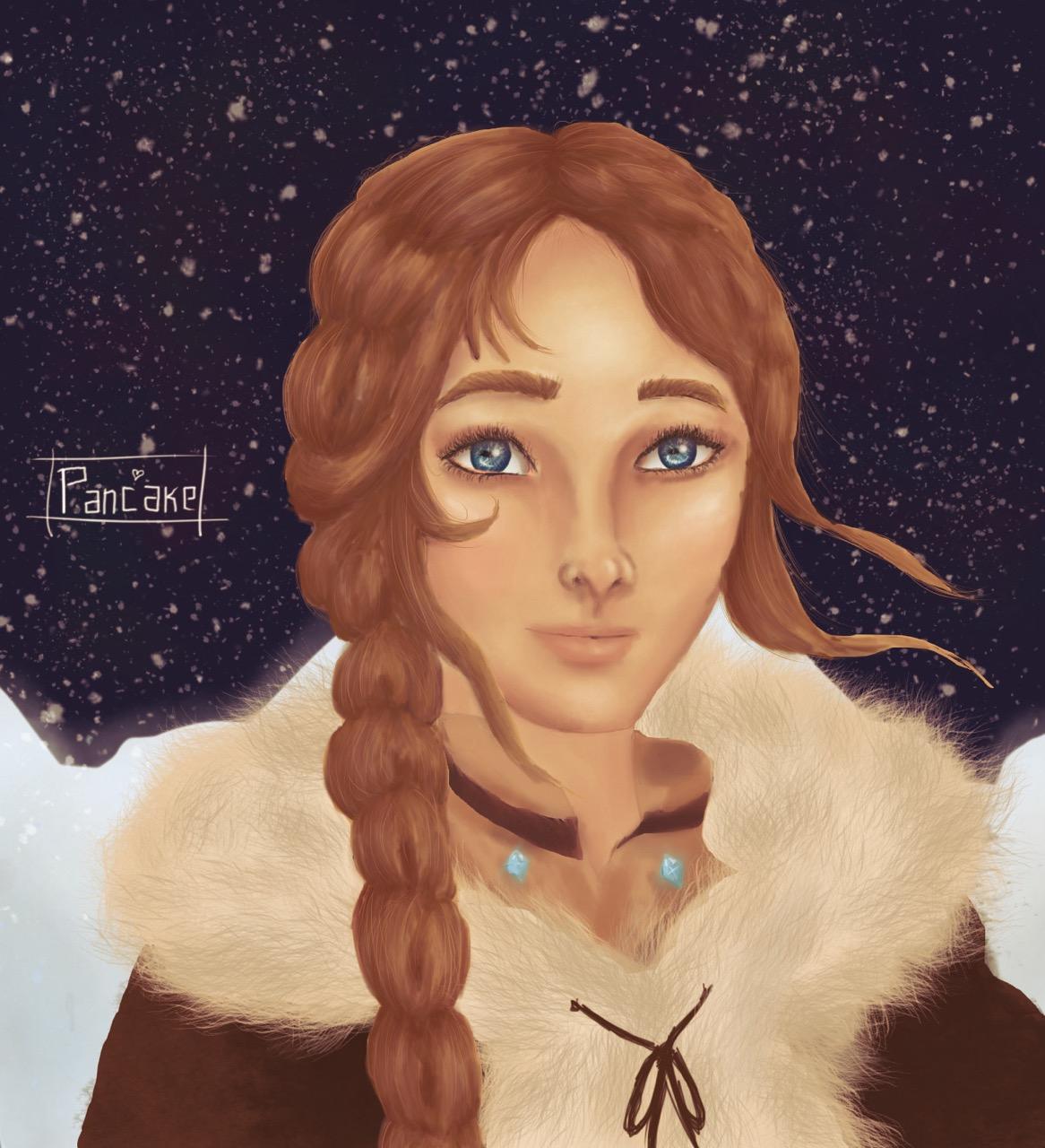 Rana, a 16 year old star being with amber thick amber braid, blue eyes with horizontal pupils, and wearing arctic clothing of leather and fur. Behind her are stars and snow.