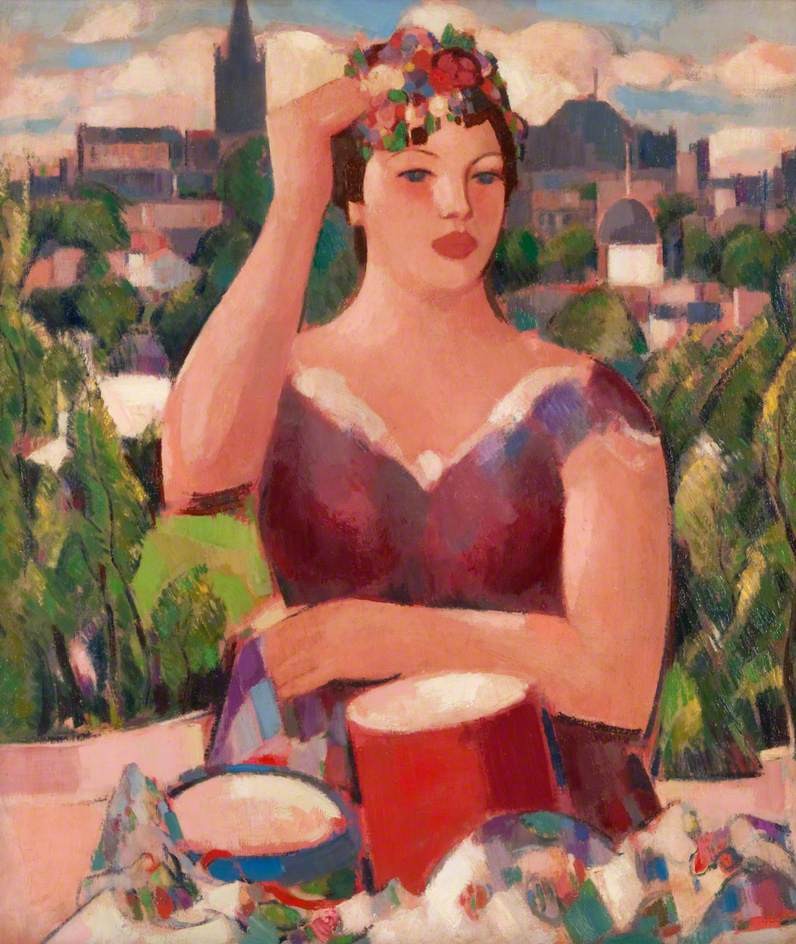 A painting by the Scottish Colourist J. D. Fergusson. Against a background of green trees and buildings rendered as blocks of pinks and grey-blues, a young woman faces the viewer. She wears a wine-red dress. Her arms are bare. Her left arm is folded in front of her and her right is lifted up to touch a garland of flowers that encircles her head. Ocer her right shoulder the spire of the University of Glasgow is silhouetted against a sky dappled blue-and-white with clouds.