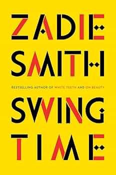 The  cover of the book "Swing Time" by Zadie Smith.

The author's name is in a black red block capital typeface, that also uses black diamond shapes to form some parts of the letters, against a yellow background.

Underneath, the title is in the same typeface

* Another Duchess of Spring Alt-text production ™