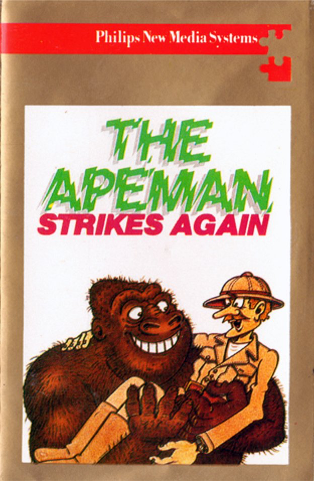 The cover of a 1980s video game titled The Apeman Strikes Again. A cartoon illustration of a gorilla carrying a man who's wearing a pith helmet. Both look at each other with wide smiles on their faces. 