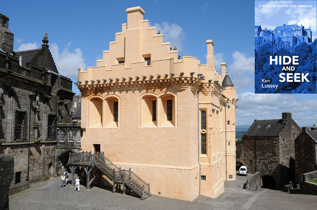This modern image shows the Great Hall at Stirling Castle. It is shown end-on from a high vantage point and the beige harling is very striking in bright sunlight. There is an external wooden staircase leading up to a door in one corner and the roofline is highly decorated. A dark stone building can be seen on the left and another smaller one on the right. The front cover of ‘Hide and Seek’ is shown in the top right corner.