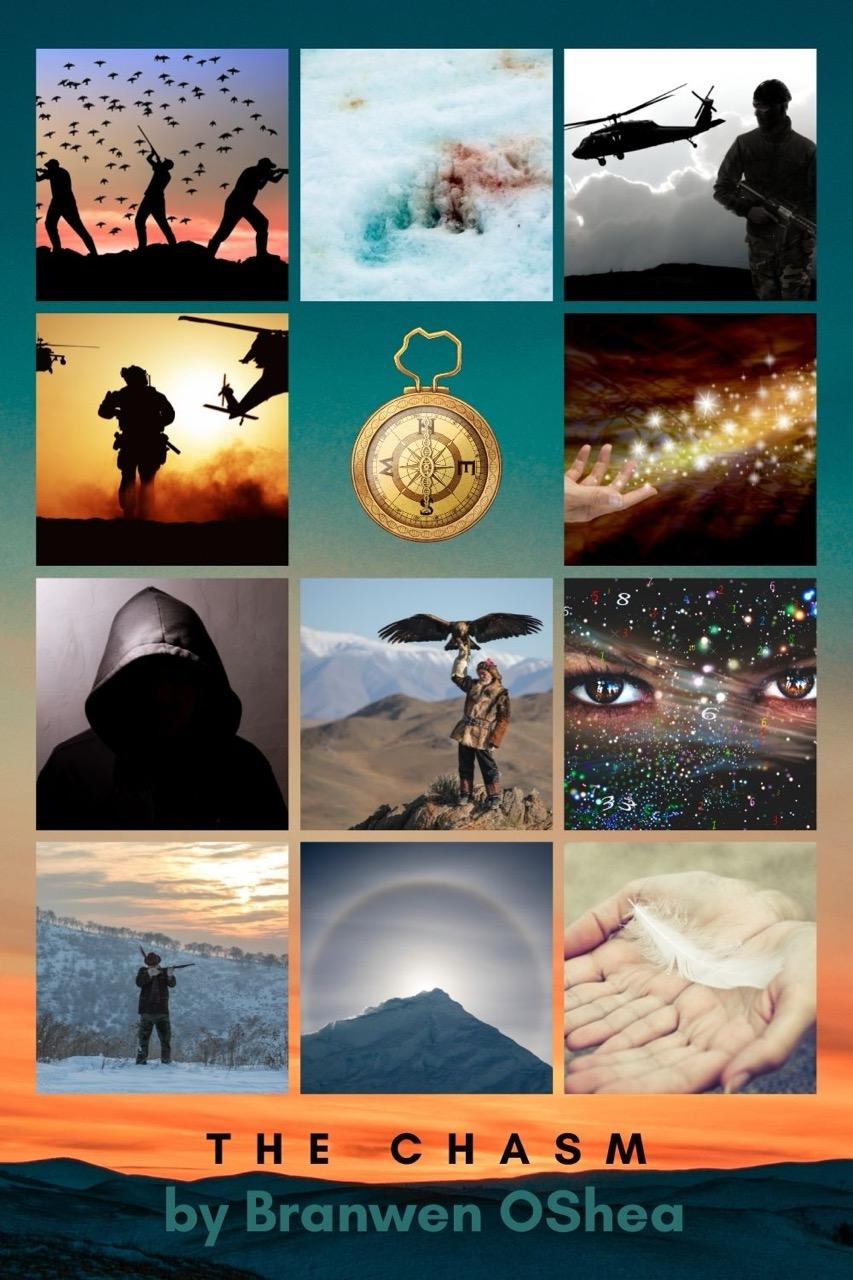 A mood board of 12 pictures for The Chasm:
1) Three military people are fighting off a swarm of black birds, 2) A huge paw print in the snow with two types of blood in it, 3)A person with a helicopter, 4)people running, 5) An unusual compass with DNA symbols incorporated with it, 6) Energy  coming from a woman’s palm, 7)a hooded figure, 8) A teen with a trained eagle, 9) eyes in space, 10)A lone gunman in an arctic landscape, 11)A halo of energy atop a mountain, 12) a feather caught in a man’s hands.