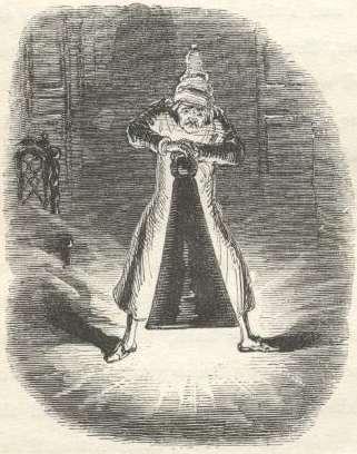 Scrooge Extinguishes the First of the Three Spirits.

Title: A Christmas Carol in Prose; Being a Ghost Story of Christmas

Author: Charles Dickens

Illustrator: John Leech

https://www.gutenberg.org/ebooks/46