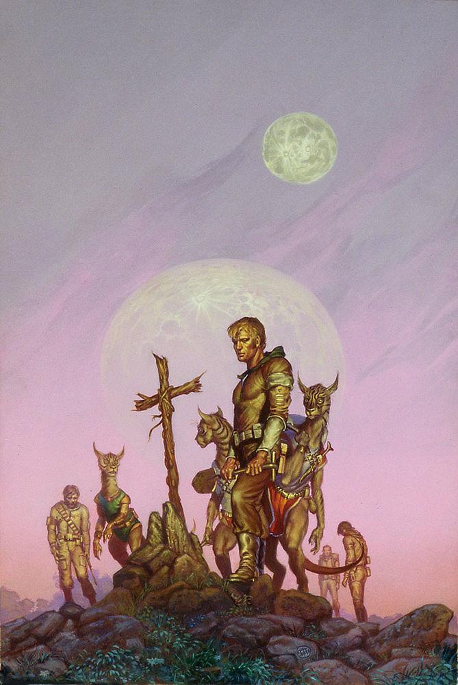 A man stands with a shovel in hand as he regards a cairn set with a makeshift cross made of wood and twine. Around him is a mixed group of humans and bipedal aliens. The humans drop their heads dejectedly. The alien bodies resemble that of a kangaroo while the head, ears, and stripes are reminiscent of a lynx. The scene is set against a pearlescent pink and lavender sky with a huge craggy moon hanging low and another smaller moon floating high above.
