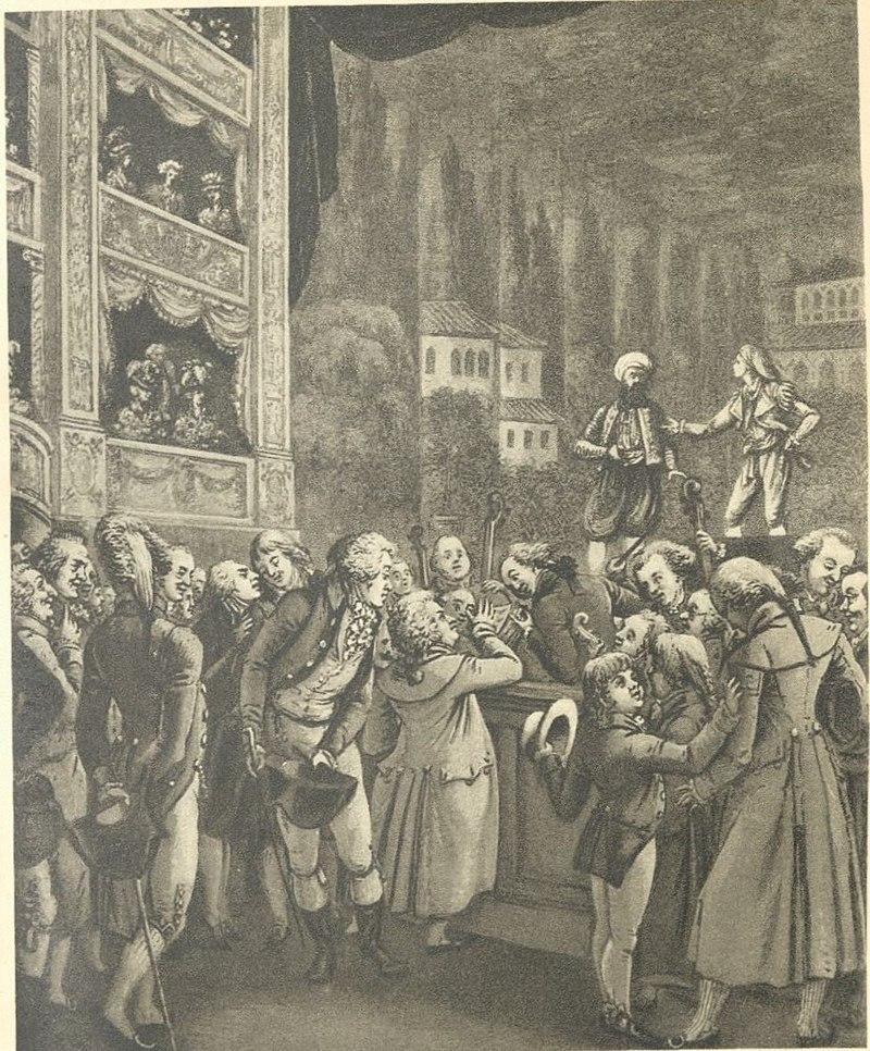 Mozart (at center) attended a performance of his own opera Die Entführung aus dem Serail while visiting Berlin in 1789. Franz Frankenberg performed the role of Osmin, Friedrich Ernst Wilhelm Greibe played Pedrillo.

Unknown author - The Atlantis Book of Music, 1934, p. 239