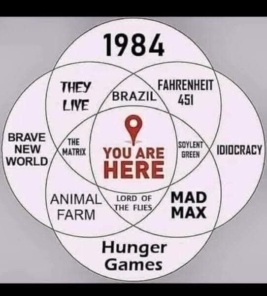 Venn diagram showing "you are here" in the middle.

Around it the circles are labelled, "brave new world", "1984", "Brazil", "Mad Max", "Animal Farm" and "Hunger Games"