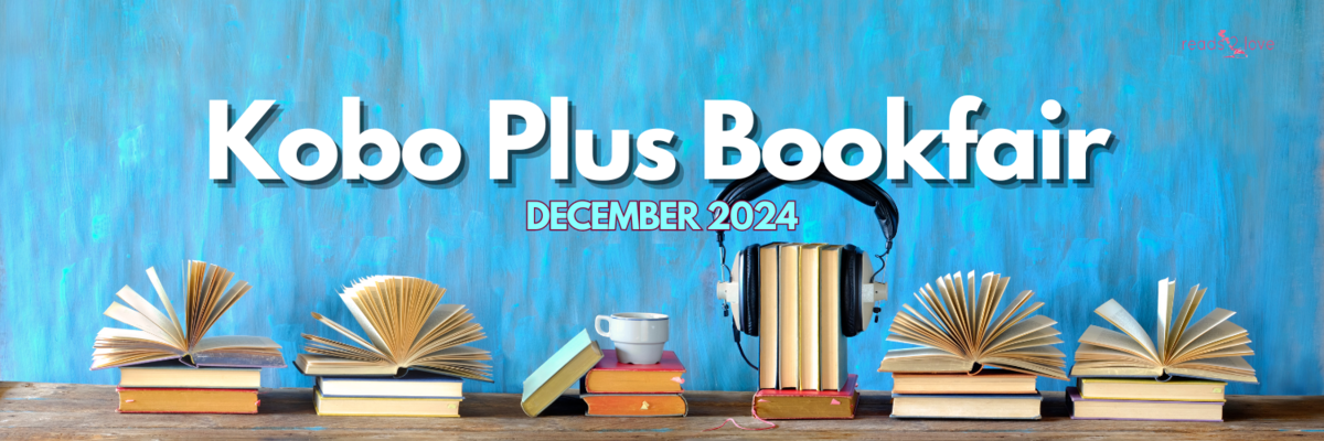 Stacks of books on a shelf before a blue background. Text reads Kobo Plus Bookfair
December 2024