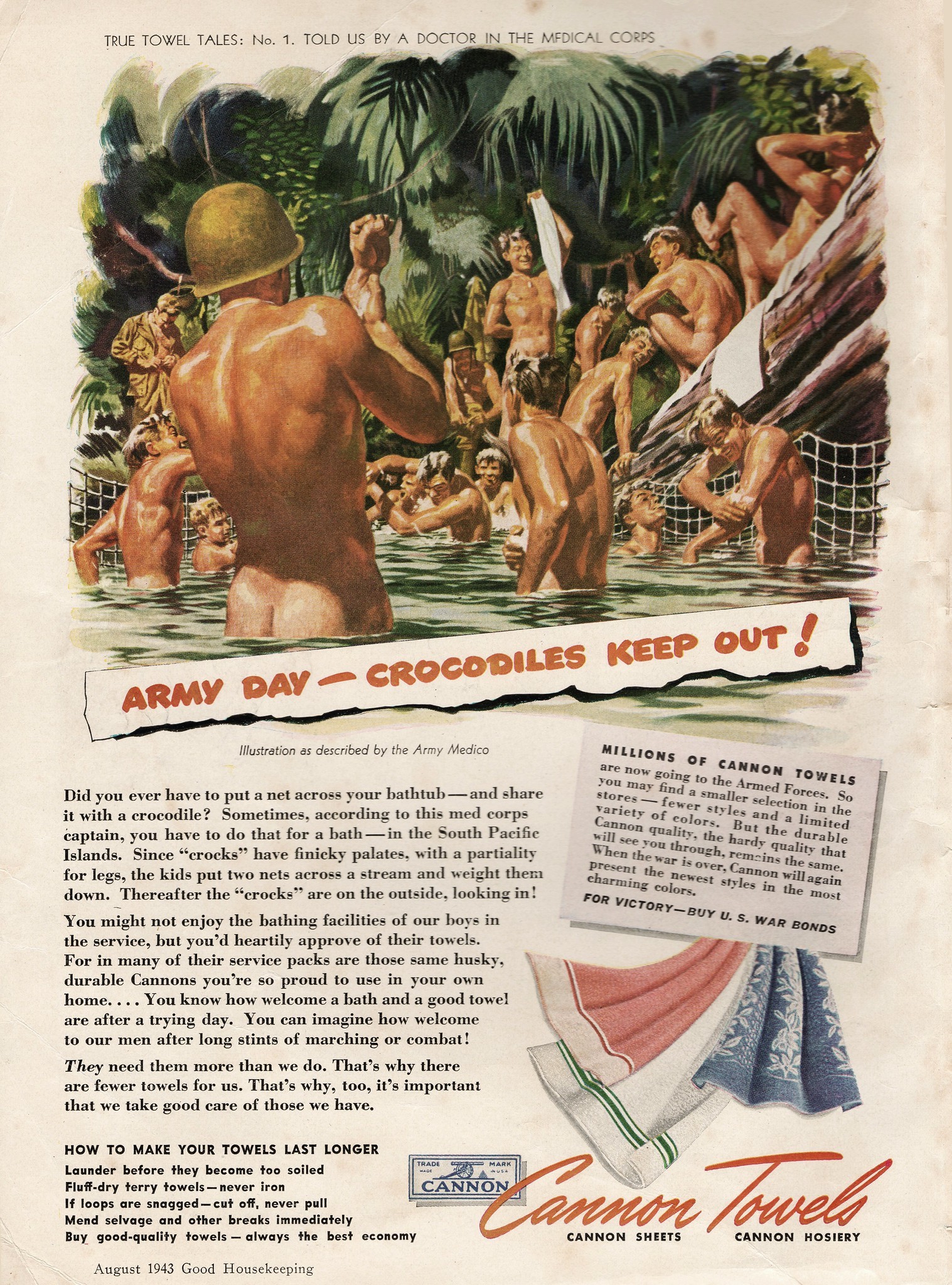 Half nakes army dudes are bathing in a river in the jungle. The title says "Army Day - Crocodiles keep out!"