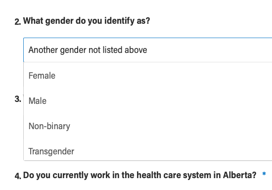 A form asking what your gender is. Options include: Female, 
Male, Transgender, and Non-binary.