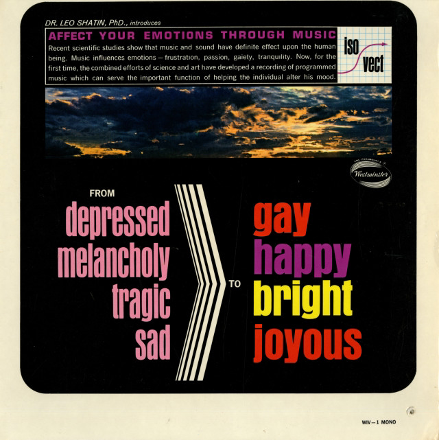 The sleeve of an album titled Affect Your Emotions Through Music. A photo of an uplifting sunrise. Text reads “From depressed melancholy tragic sad to gay happy bright joyous”