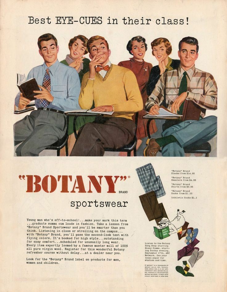 Vintage ad for Botany brand clothes. An illustration of what appears to be a college class, although this is the 1950s, so everyone dresses like they're middle-aged. In the front row are three young men, all glancing at each other and giving coy smiles. Behind them sit three young women who look amused. The advertiser's intent is possibly that the men are flirting with the women, but the eyelines don't work that way, since the men are facing away from the women. Tagline reads "Best eye-cues in their class!"