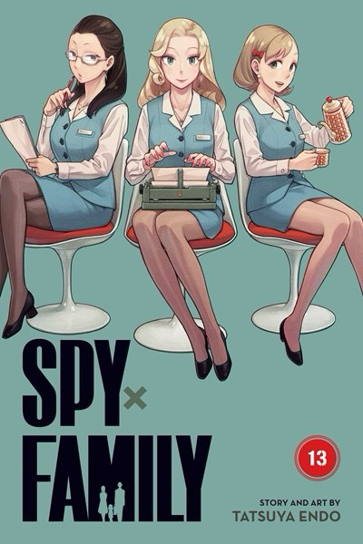 A cover for Spy x Family vol 13 manga. Three office worker ladies are sitting on designer chairs against a grey-green background. 