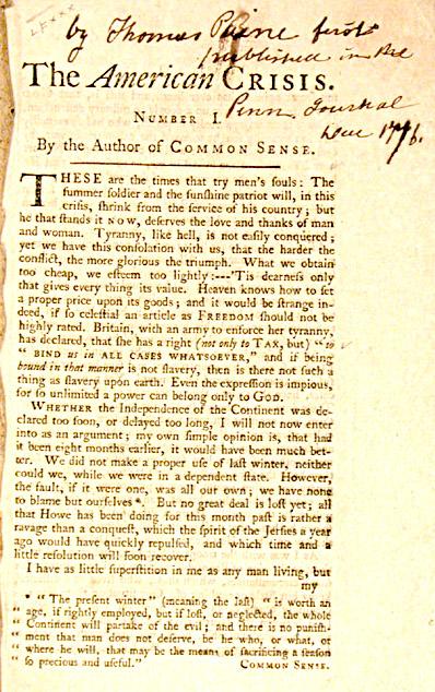 An image of the first page from the first edition of The American Crisis, a pamphlet authored by Thomas Paine.