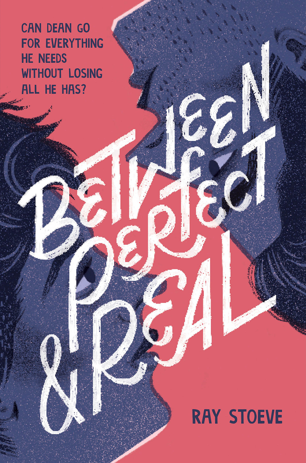 Cover art for Between Perfect & Real. It shows two boys's face looking at each other in the eyes, one upside down and one right way up. They are shaded in blue against a dark pastel pink background.