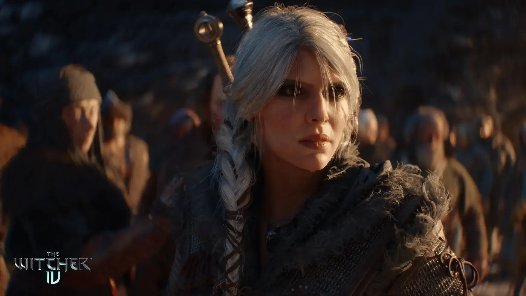 Close up of Ciri, a white woman with long, braided white hair and cat-like eyes, wearing black leather armour, from the Witcher 4.