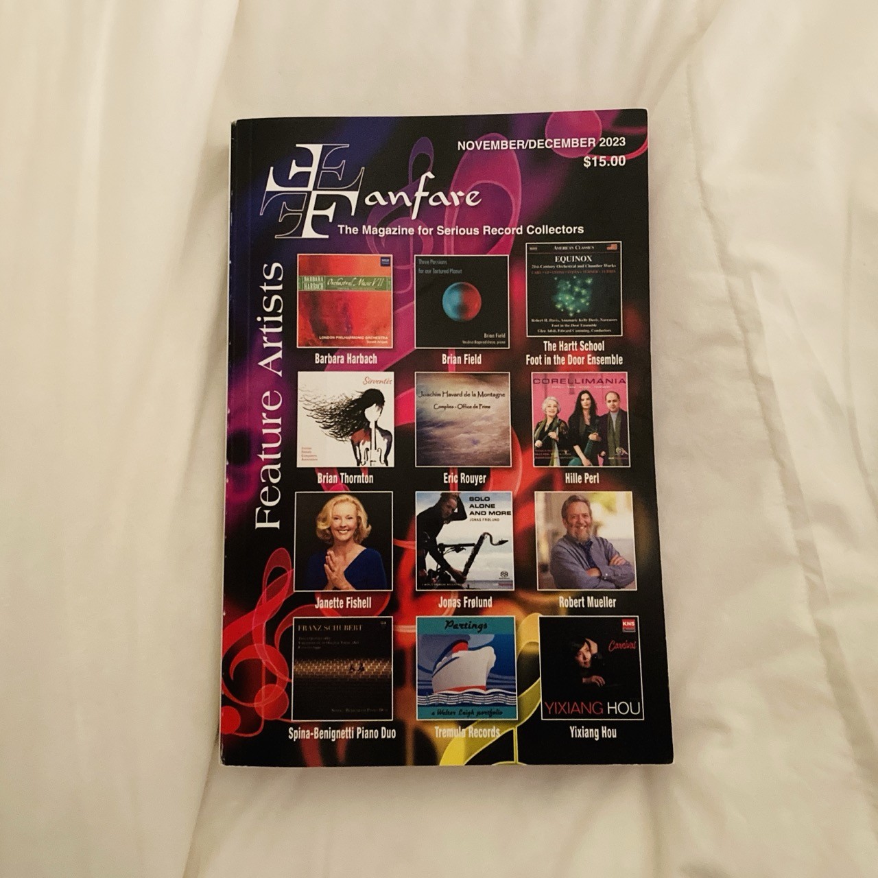 Cover of the November/December 2023 classical music journal Fanfare, “the magazine for serious record collectors”. Magazine cover displays the album covers of 12 recent releases.