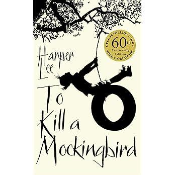 The  cover of the book "To Kill a Mockingbird" by Harper Lee

The author's name is in an unusual black camel case typeface against a white background.
The title is in the same black camel case typeface, but a larger font.

There is a black and white ink illustration showing the silhouette of a child swinging on a car tyre attached to a rope that is hanging from a tree branch.

* Another Duchess of Spring Alt-text production ™