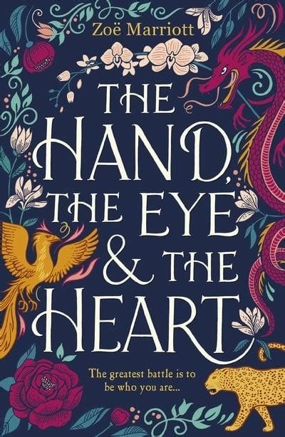 Cover art for The Hand, The Eye & The Heart, showing a collection of images (a dragon, a mythical bird, a rose, etc.) on a dark blue background.