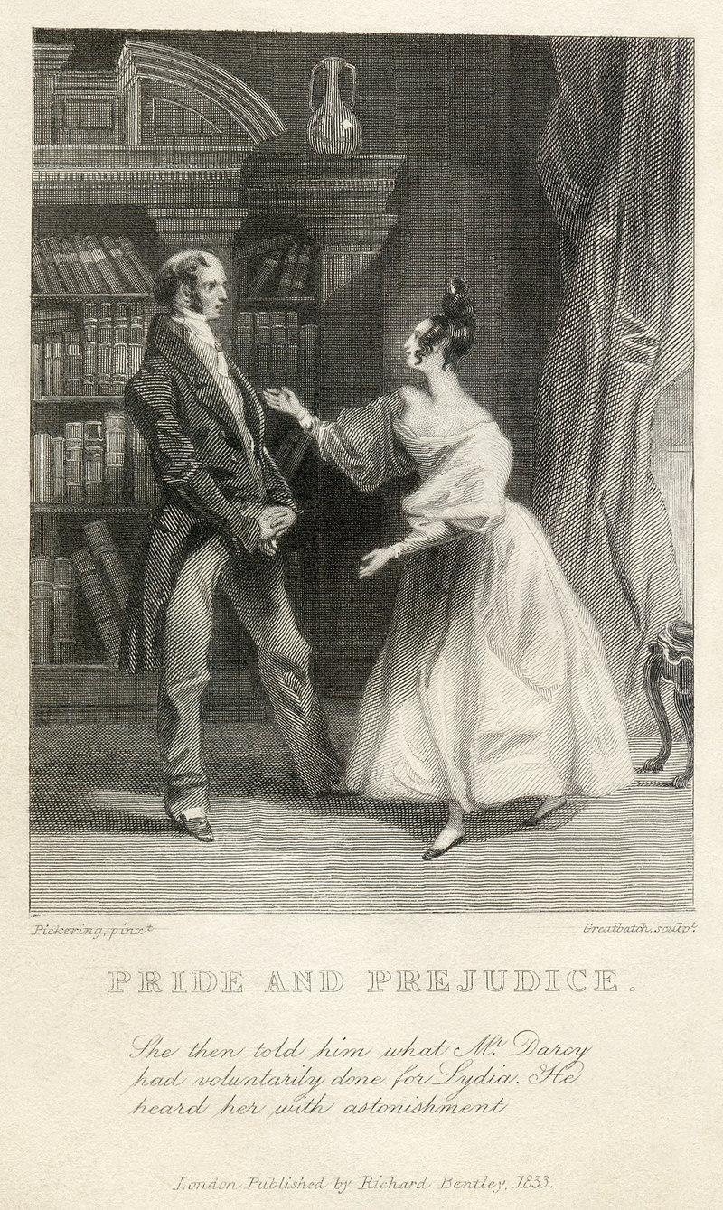 One of the first two published illustrations of Pride and Prejudice, from the Richard Bentley edition. Caption reads: "She then told him [Mr Bennett] what Mr Darcy had voluntarily done for Lydia. He heard her with astonishment."