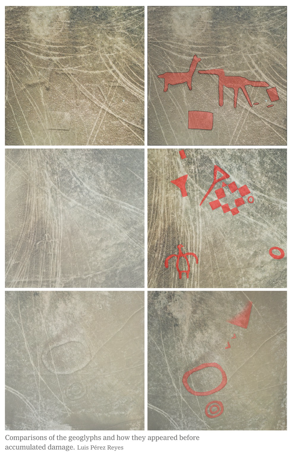 Collection of before/after photos illustrating and emphasizing the destruction of geoglyphs.